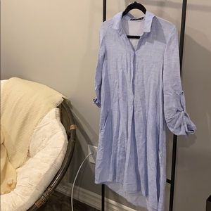 ZARA Blue linen buttondown pocket  dress